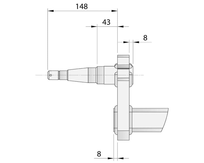 Drop Beam Axle - Non-Braked - 1500kg - Bare Metal product dimensions illustration with detailed measurements.