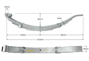Multi Leaf Spring Kit - Short Series measuring dimensions with springs, hangers, and U-bolts for vehicle suspension.