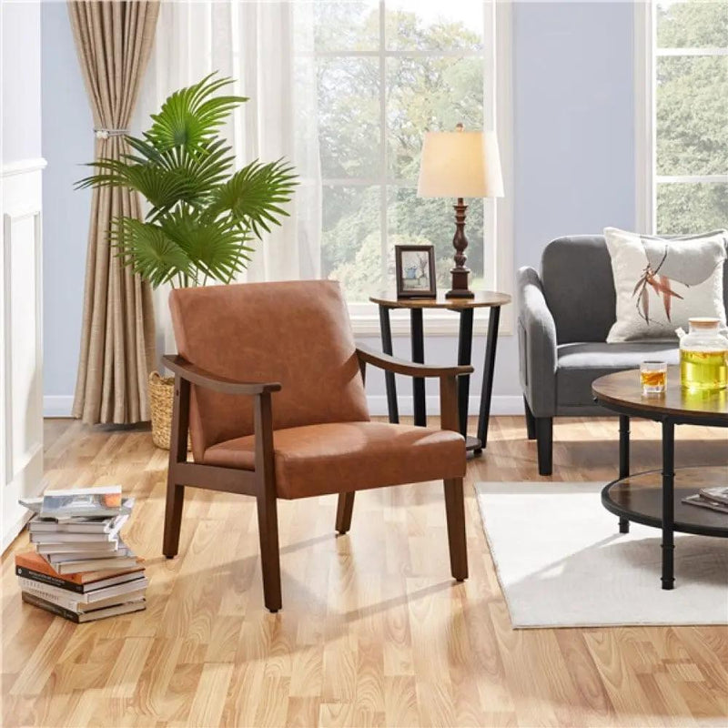 Mid-Century Modern Faux Leather Armchairs with Solid Wood Frame Accent Chair by Yaheetech