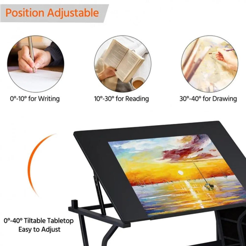 Drafting Table & Stool Set For Artists Tilting Tabletop with Additional Side Countertop by Yaheetech