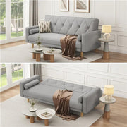 Button-tufted Fabric 3-Seater Sofa Bed W/ 2 Bolster Pillows by Yaheetech