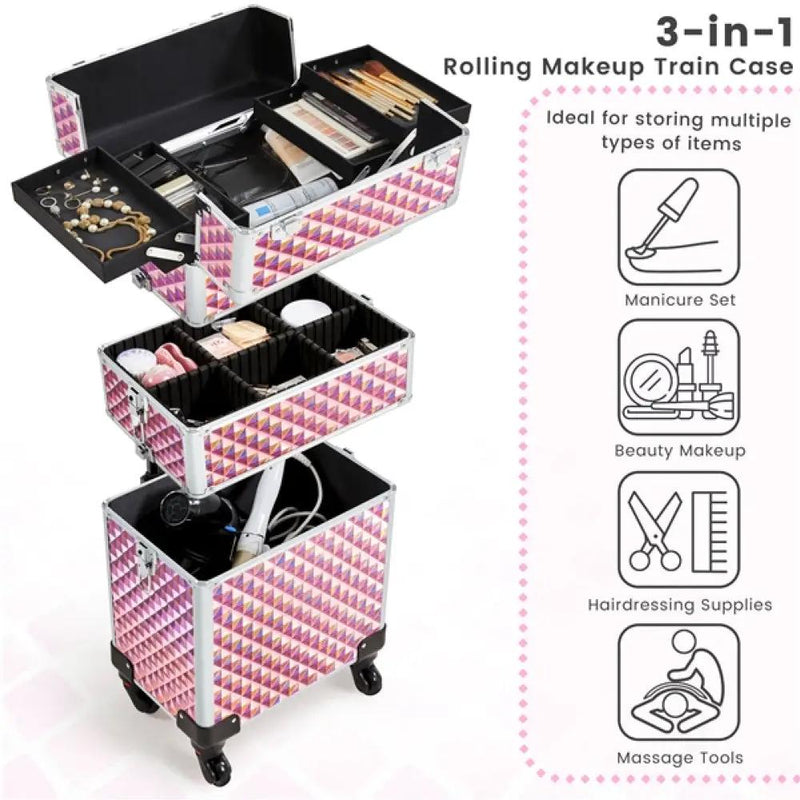 3-in-1 Rolling Makeup Train Case Portable Cosmetic Trolley by Yaheetech