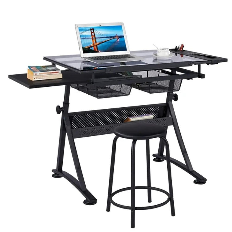 Height Adjustable Glass Drafting Table & Stool Set Art Table by Yaheetech