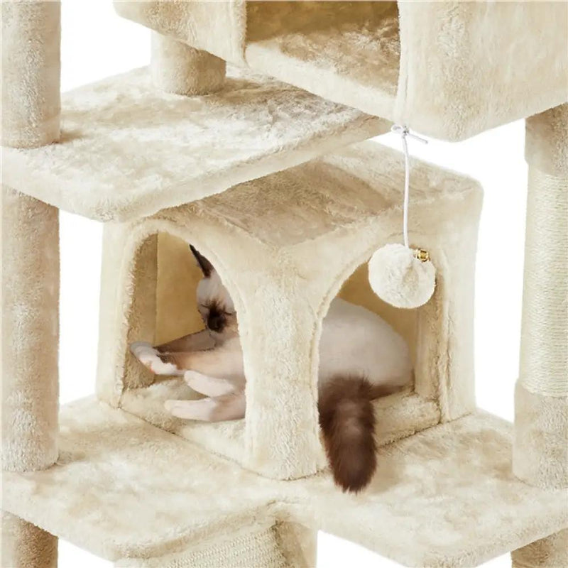 Cat Tree Condo Kitten Tree Tower w/ 2 Condos & Dangling Ball & Round Platform & Ladder by Yaheetech