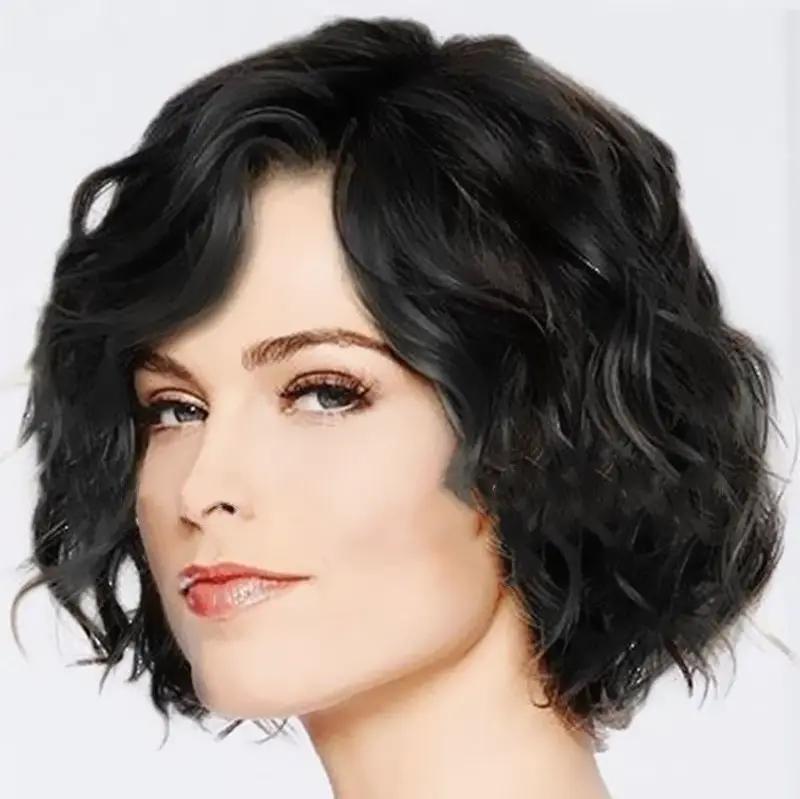 Women Short Wig with Hat Black Synthetic Hair Full Wigs High Quality by dealonline.co.nz