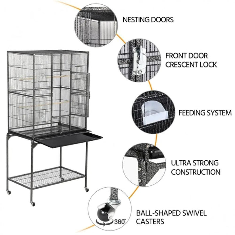 63’’H Large Parrot Cage w/ Stand Rolling Metal Pet Cage by Yaheetech