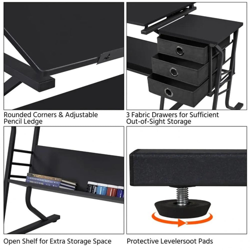 Drafting Table & Stool Set For Artists Tilting Tabletop with Additional Side Countertop by Yaheetech