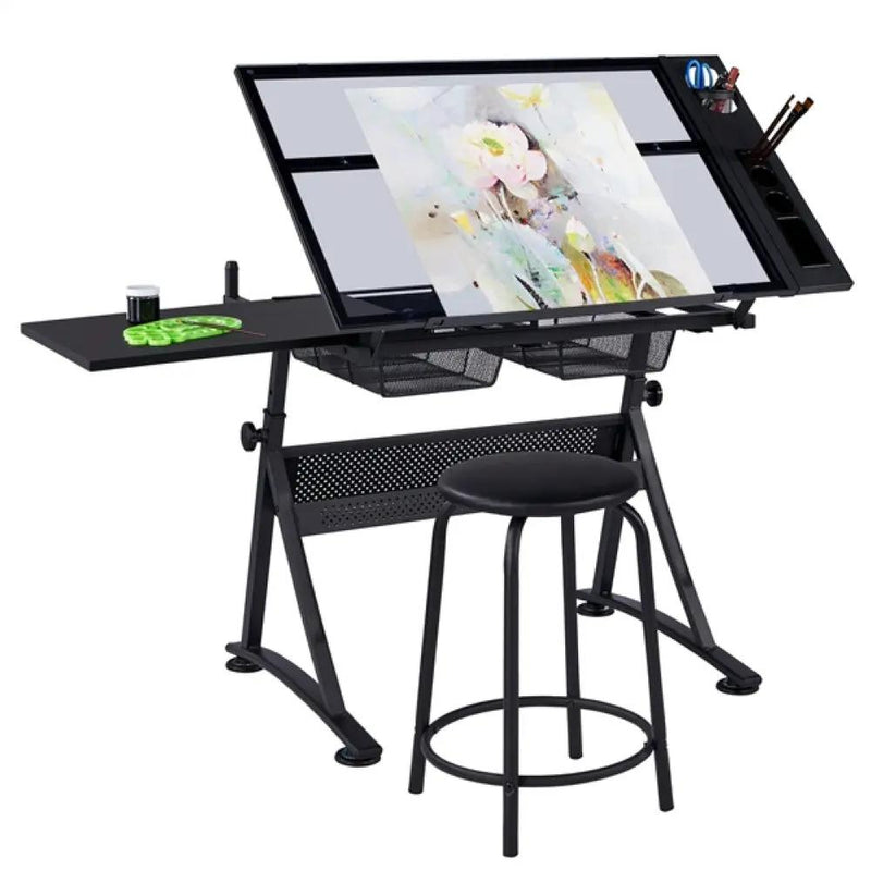 Height Adjustable Glass Drafting Table & Stool Set Art Table by Yaheetech
