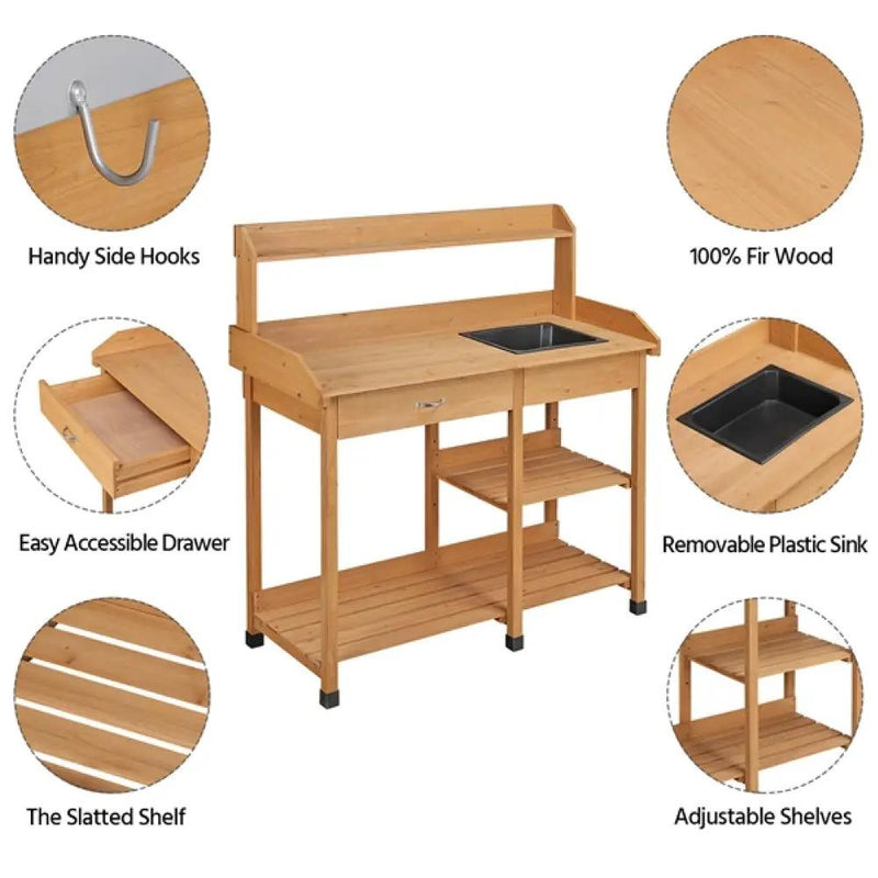 Potting Bench Table Removable Sink Firwood Drawer Open Multiple Shelves by Yaheetech