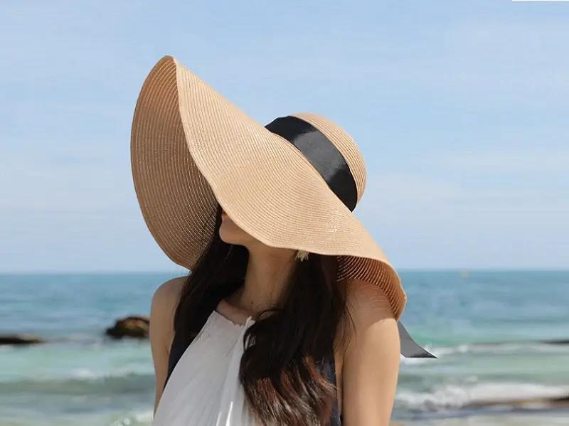 GREY- 16cm Wide Brim Women Lady Sun Straw Hat Floppy Derby Summer Beach Cap by dealonline.co.nz