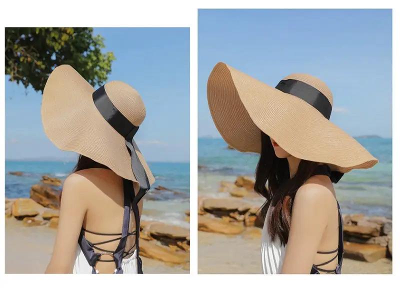 GREY- 16cm Wide Brim Women Lady Sun Straw Hat Floppy Derby Summer Beach Cap by dealonline.co.nz