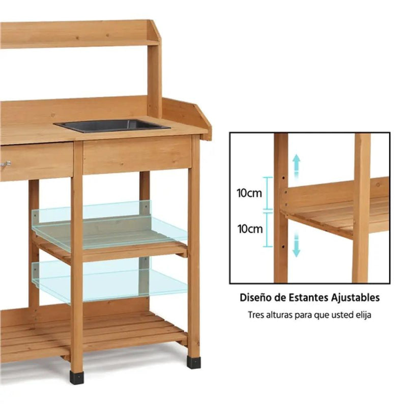 Potting Bench Table Removable Sink Firwood Drawer Open Multiple Shelves by Yaheetech