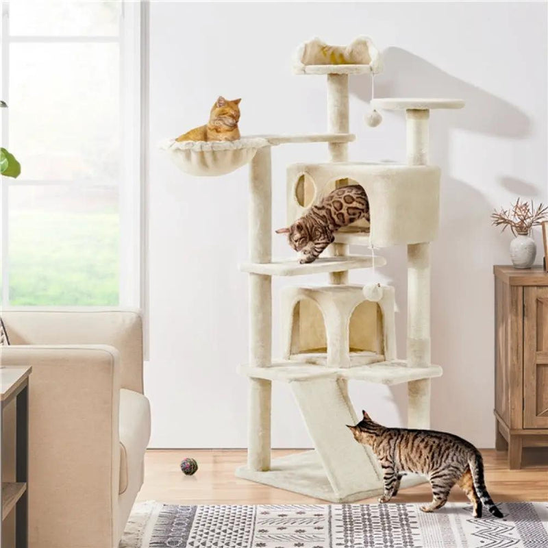 Cat Tree Condo Kitten Tree Tower w/ 2 Condos & Dangling Ball & Round Platform & Ladder by Yaheetech