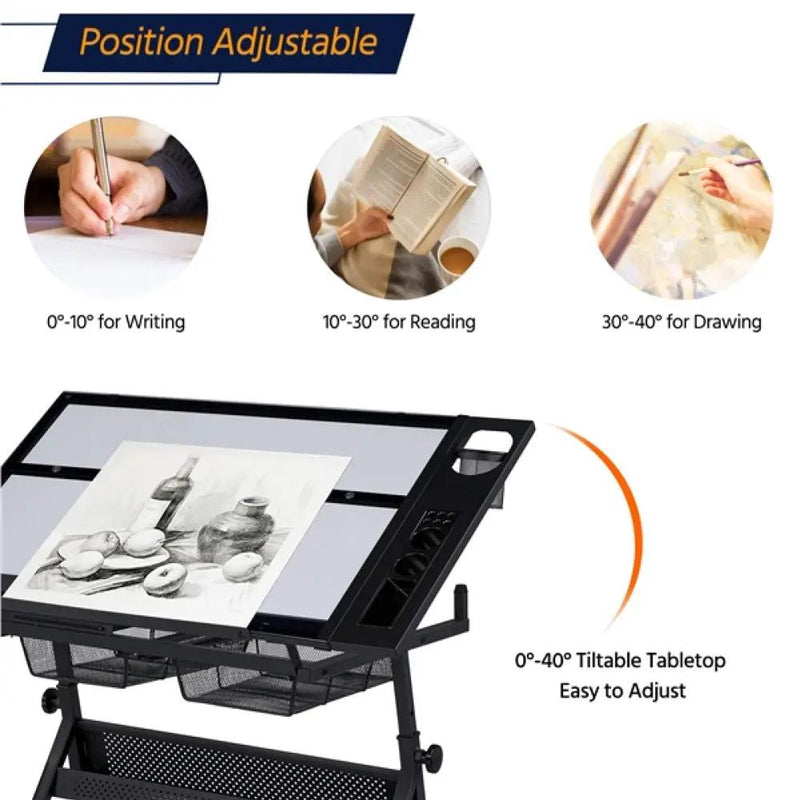 Height Adjustable Glass Drafting Table & Stool Set Art Table by Yaheetech