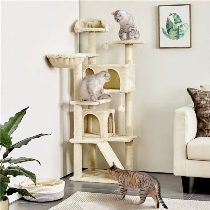 Cat Tree Condo Kitten Tree Tower w/ 2 Condos & Dangling Ball & Round Platform & Ladder by Yaheetech