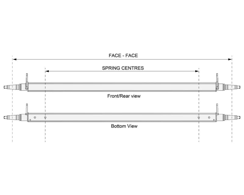 Straight Beam Axle - Multi-Hub - 2200kg - Bare Metal technical drawing with dimensions and views.