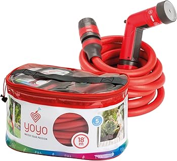 18m Expandable Garden Hose with Multi Jet Gun and Storage Bag (Red) in packaging with hose coiled and spray gun