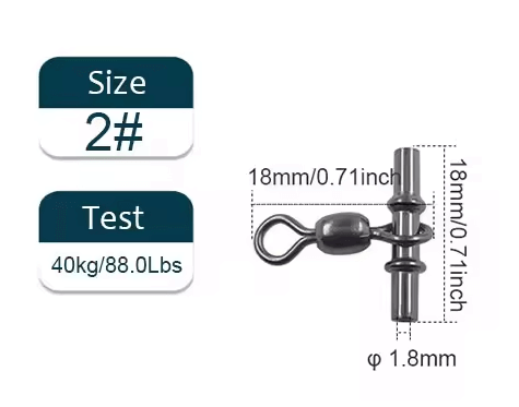 18mm 40kg Swivel Sleeves 3-way Fishing Swivels Crane 10 PK 1.8mm Line Size with size and test information.