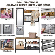 Six-in-one Hall Tree with Shoe Storage Bench/ Mirror/ Storage Bag/ Coat Rack by Yaheetech