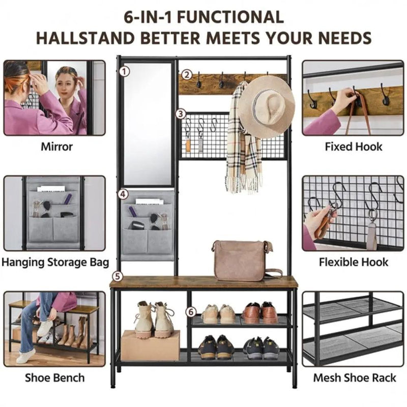 Six-in-one Hall Tree with Shoe Storage Bench/ Mirror/ Storage Bag/ Coat Rack by Yaheetech