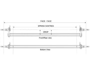 Diagram showing measurements and views of a Drop Beam Axle for accurate installation and specifications.