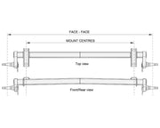 Technical drawing of Full Beam Duratorque, showing front/rear and top views with mount centres.