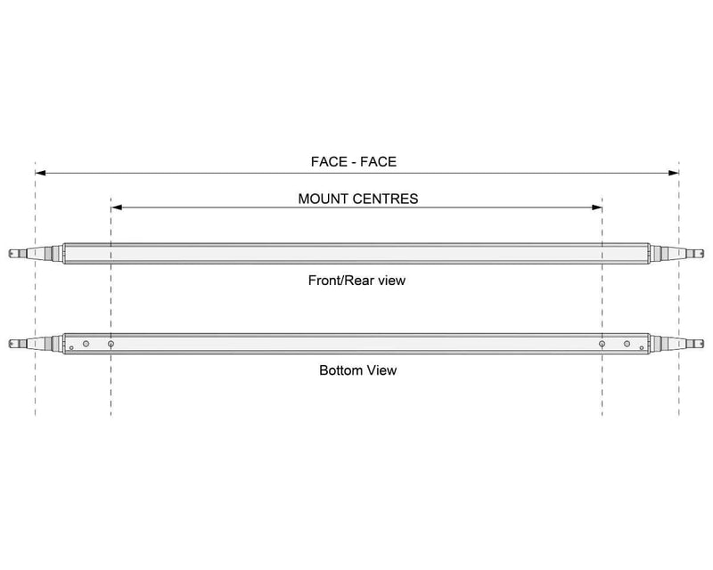 Straight Beam Axle - Non-Braked - 1500kg - Bare Metal dimensions showing front/rear and bottom views with mount centres.