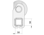 Drop Beam Axle component diagram showing dimensions 50mm x 50mm, designed for 9" drum systems.