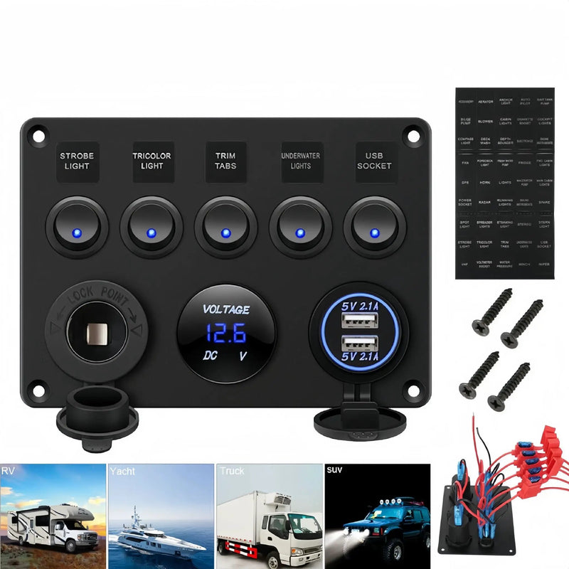 5-Gang Multi-Functional Rocker Switch Panel With Dual USB Charger by salelink.co.nz