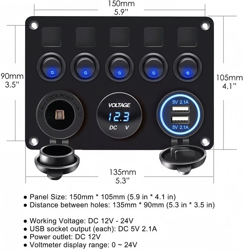 5-Gang Multi-Functional Rocker Switch Panel With Dual USB Charger by salelink.co.nz