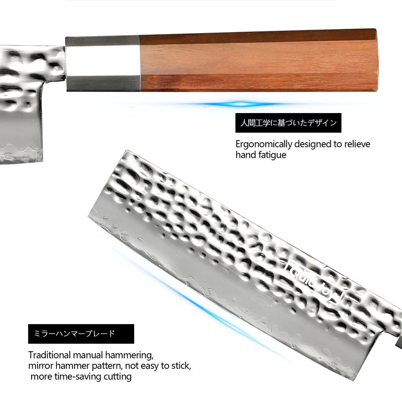 Qulajoy Nakiri Knife 7 Inch - Hammered Japanese Vegetable Knife 9cr18mov Mirror Polishing Hand Forged Blade Kitchen Knife - Olivewood Handle With Sheath - Santoku by China Dropship