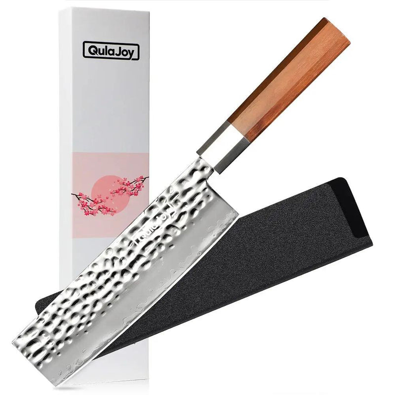 Qulajoy Nakiri Knife 7 Inch - Hammered Japanese Vegetable Knife 9cr18mov Mirror Polishing Hand Forged Blade Kitchen Knife - Olivewood Handle With Sheath - Nakiri by China Dropship