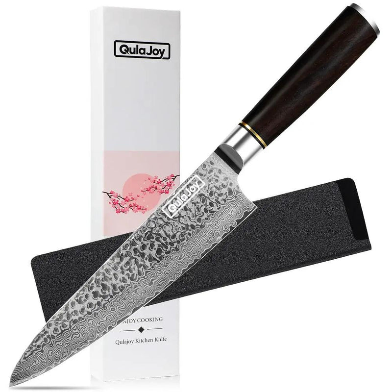 Qulajoy 7 Inch Santoku Knife- Ultra Sharp Japanese 67 Layers Damascus VG-10 Steel Core - Professional Hammered Chef Knife - Ergonomic G10 Handle With Sheath - Santoku by China Dropship