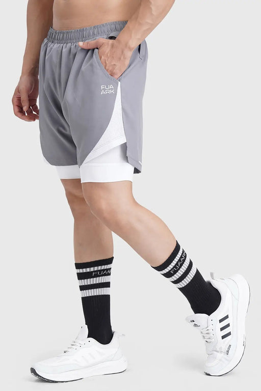 2 in 1 Mesh Shorts Foggy Grey With White by Fuaark Nz