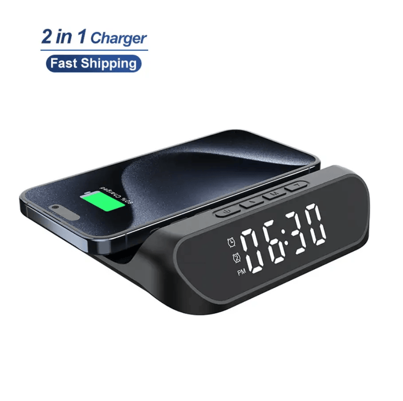 techplus 2-in-1 Magnetic Wireless Charger Stand | Fast Charging Dock for Phone & Wireless Earbuds | Foldable Charging Station 2-in-1 Multifunctional Wireless Charger with Alarm Clock 15W Fast C...