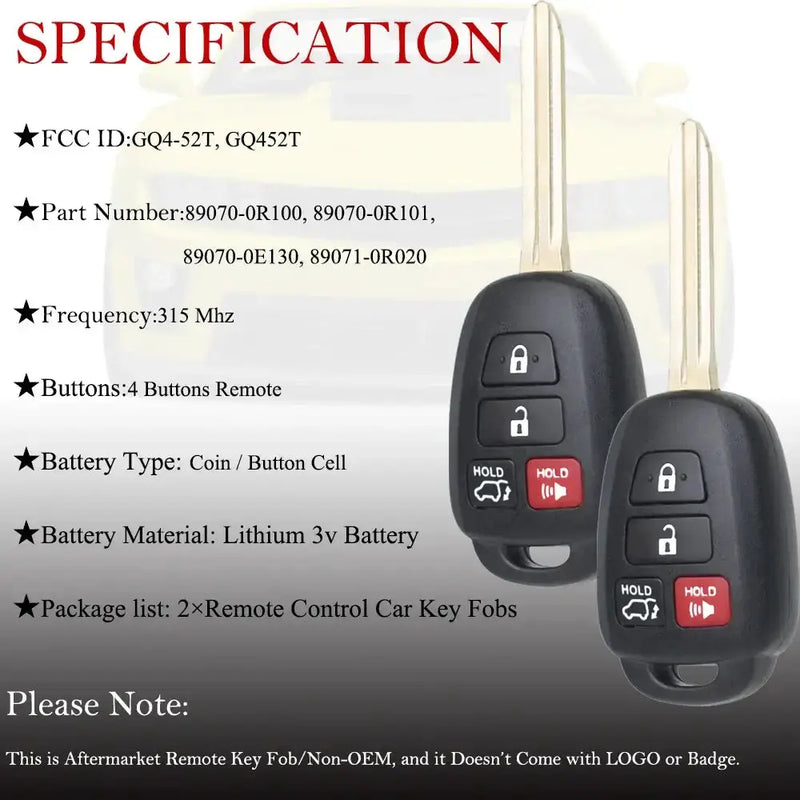 Habicare 2-Pack Remote Key Fobs H Chip for Toyota RAV4, Highlander & Sequoia (2013–2019) 2-Pack Remote Key Fobs H Chip for Toyota RAV4, Highlander & Sequoia (2013–2019)