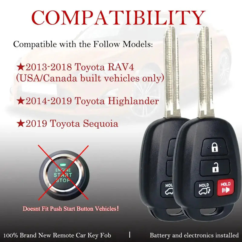 Habicare 2-Pack Remote Key Fobs H Chip for Toyota RAV4, Highlander & Sequoia (2013–2019) 2-Pack Remote Key Fobs H Chip for Toyota RAV4, Highlander & Sequoia (2013–2019)