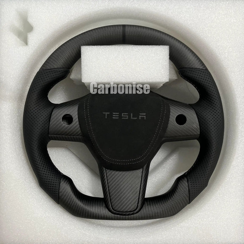 Tesla Steering Wheel (Matte Carbon Fiber+Perforated Leather)#03 by CARBONISE