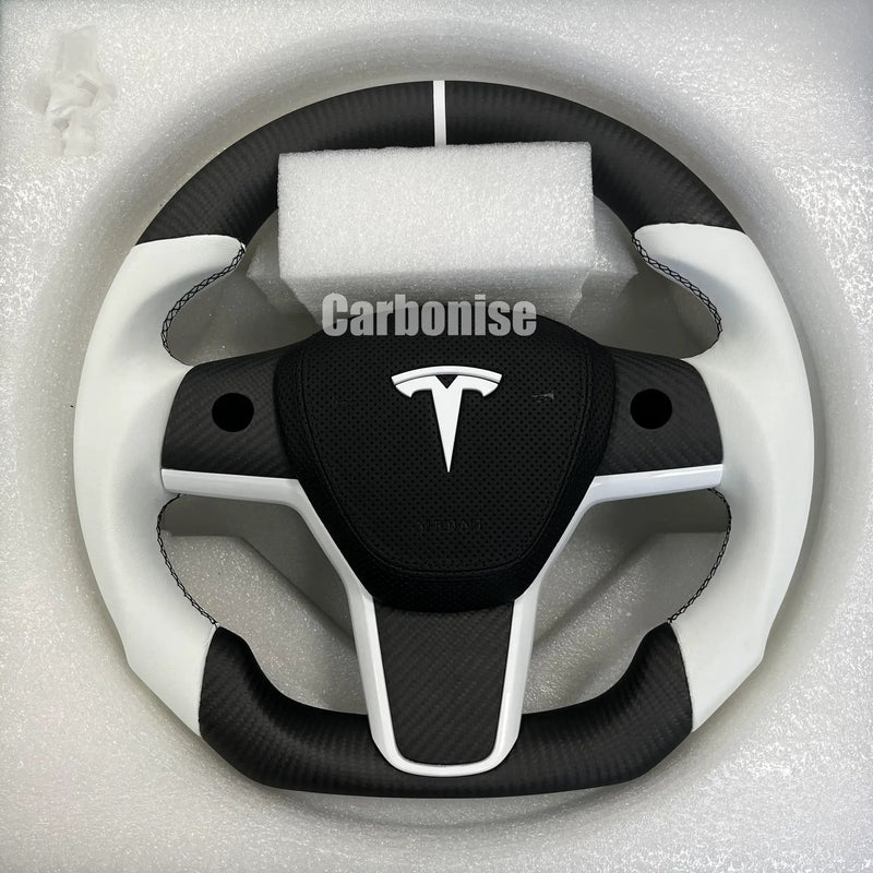 Tesla Steering Wheel (Matte Carbon Fiber+Smooth Leather)#05 by CARBONISE