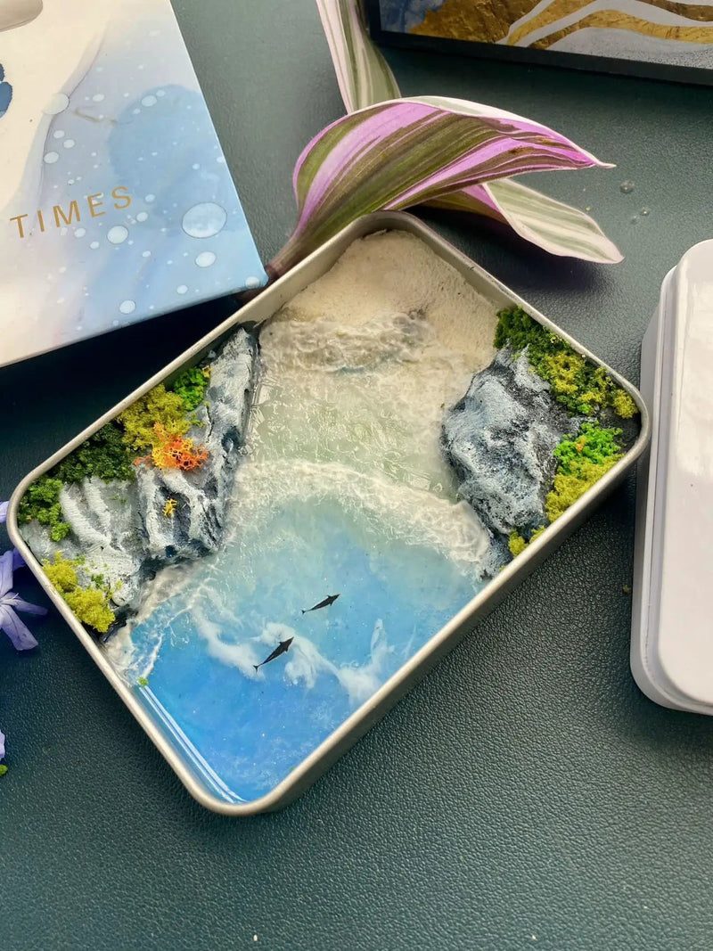 Miniature Coastal Scene Resin Art in Tin Box – Handmade Beach Landscape with Ocean Waves and Dolphins by Resin Art NZ