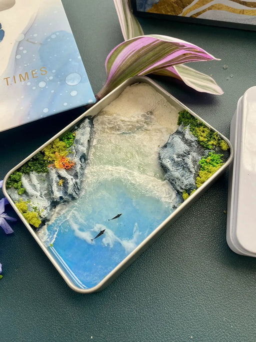 Miniature Coastal Scene Resin Art in Tin Box – Handmade Beach Landscape with Ocean Waves and Dolphins by Resin Art NZ