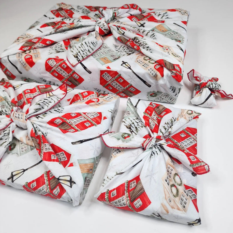 Waste Free Celebrations Furoshiki Wrapping Cloths Christmas Cottages - 4 Furoshiki Gift Wraps Christmas Cottages - 4 Furoshiki Gift Wraps