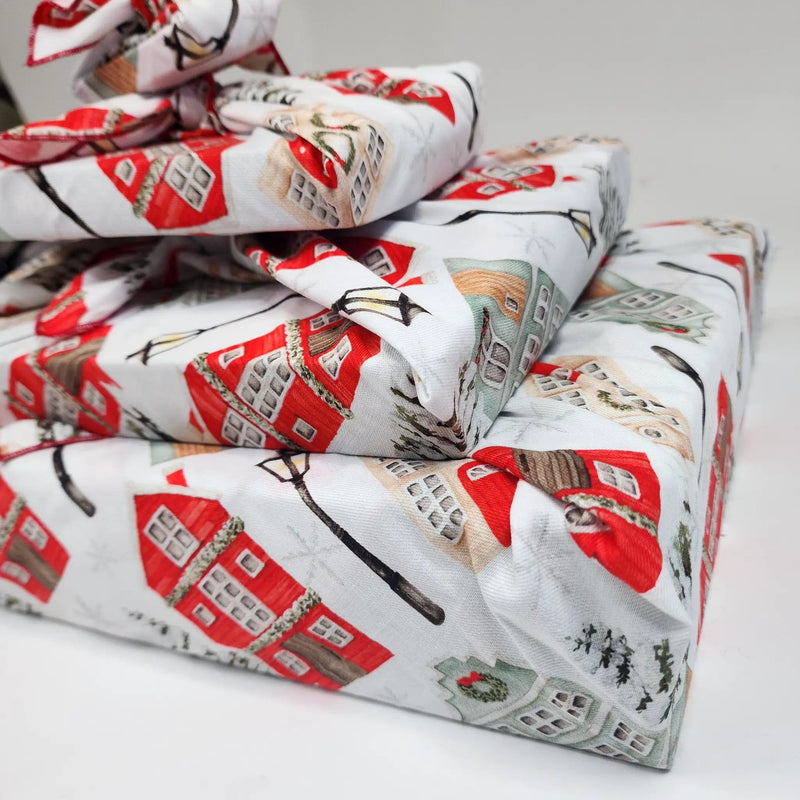 Waste Free Celebrations Furoshiki Wrapping Cloths Christmas Cottages - 4 Furoshiki Gift Wraps Christmas Cottages - 4 Furoshiki Gift Wraps