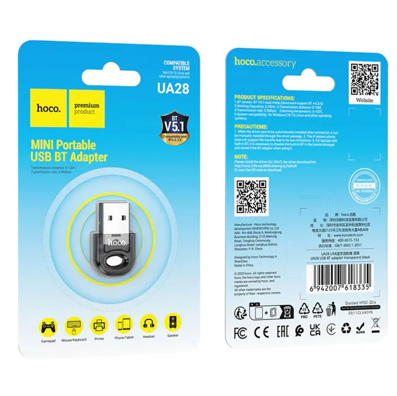 Hoco USB Bluetooth Receiver Adaptor Wireless Dongle (UA28) by techplus