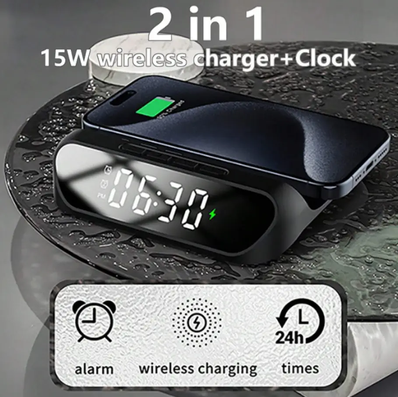 2-in-1 Multifunctional Wireless Charger with Alarm Clock 15W Fast Charging Stand by techplus