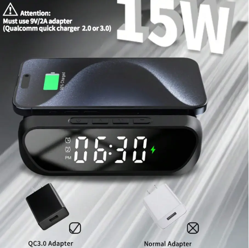 2-in-1 Multifunctional Wireless Charger with Alarm Clock 15W Fast Charging Stand by techplus