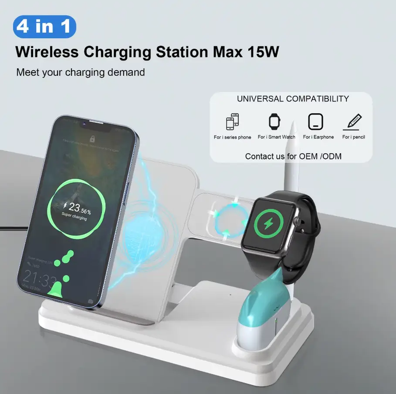 4-in-1 Wireless Charging Station 15W Fast Wireless Charger Stand for i-Series Devices by techplus