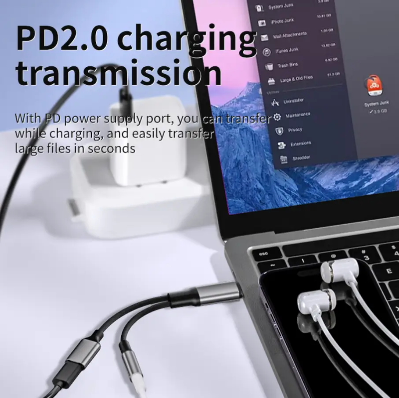 Dual-Port USB-C Adapter Cable with PD Fast Charging & 2-in-1 Type-C Audio Support by techplus