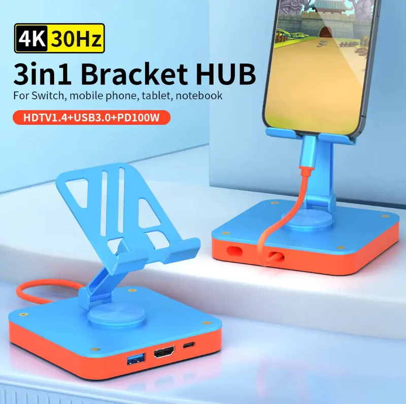 Adjustable 3-in-1 Nintendo Switch Stand USB-C Hub with 4K HDMI & 100W PD Charging by techplus