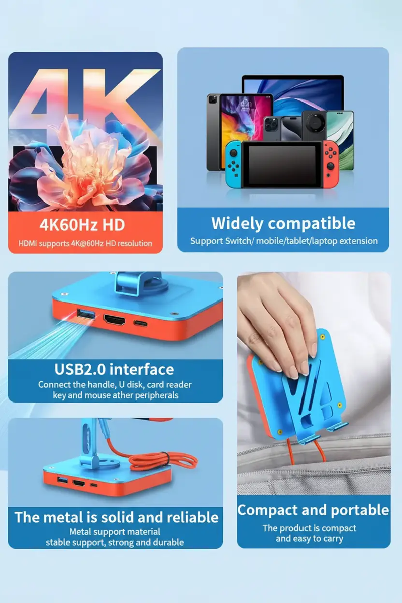 Adjustable 3-in-1 Nintendo Switch Stand USB-C Hub with 4K HDMI & 100W PD Charging by techplus